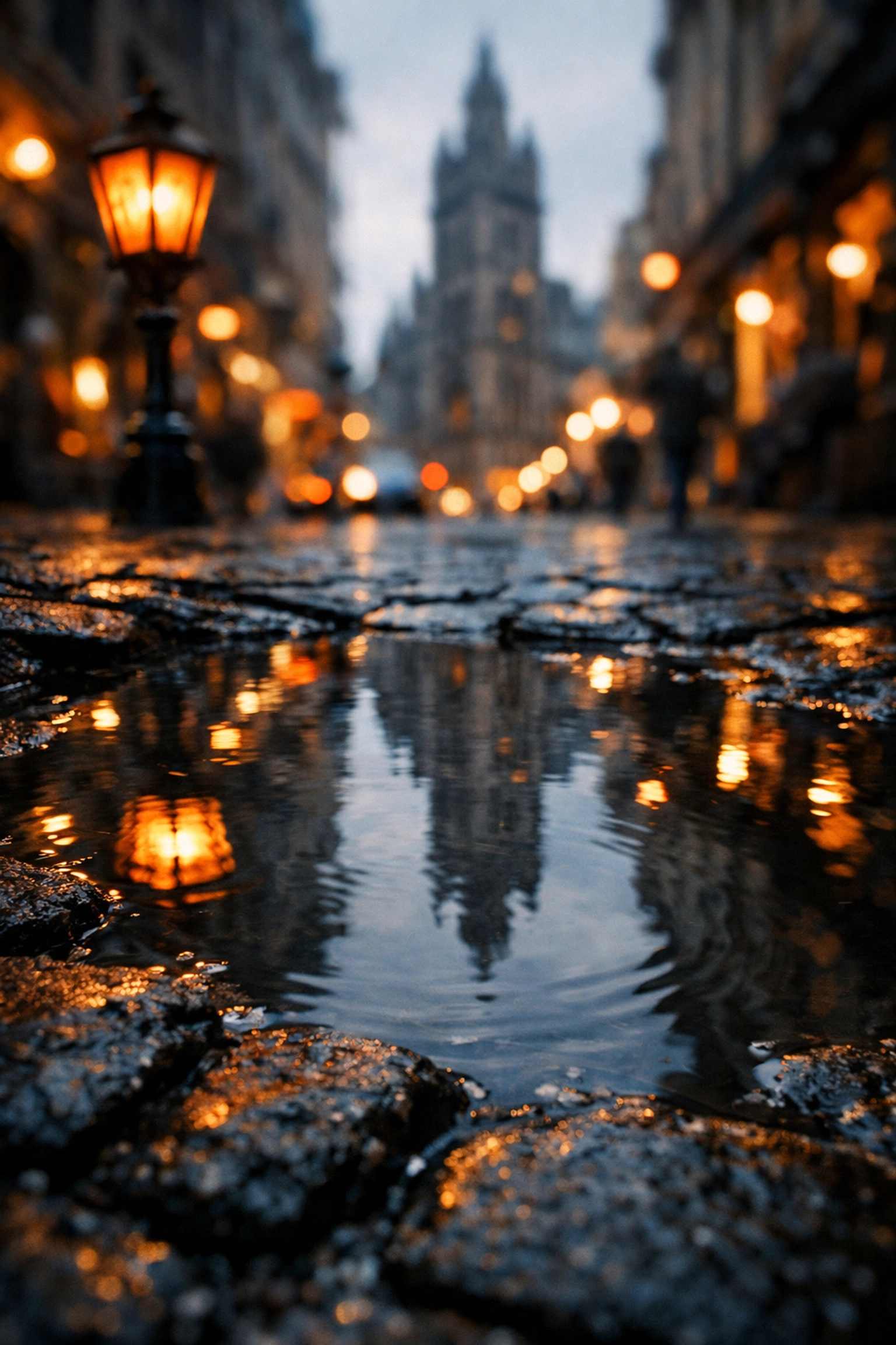 Creative street photography showing a reflection of buildings and street lamps in a city rain puddle.