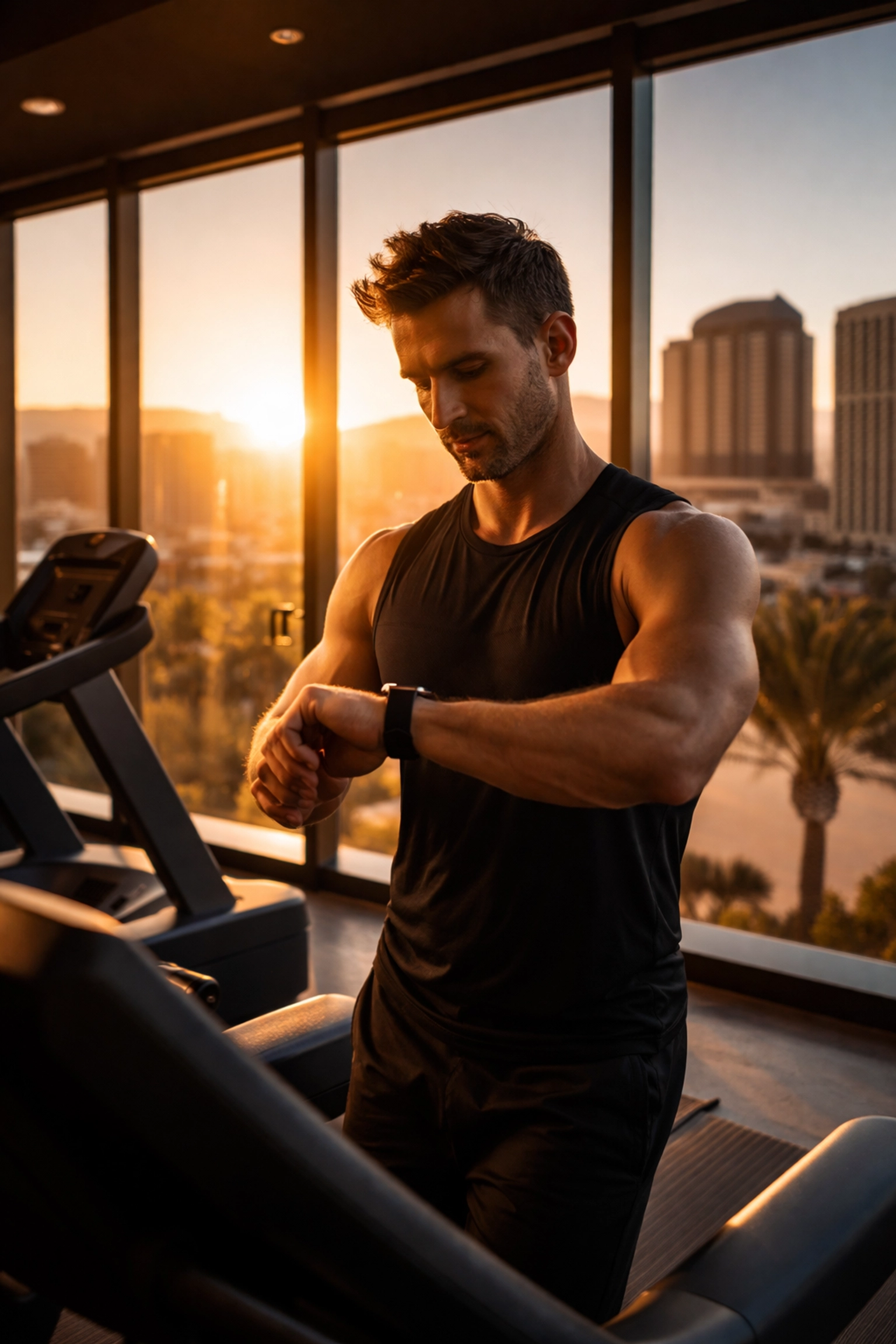 Active Las Vegas man running on treadmill at sunrise, balancing fitness, weight loss, and vitality routines