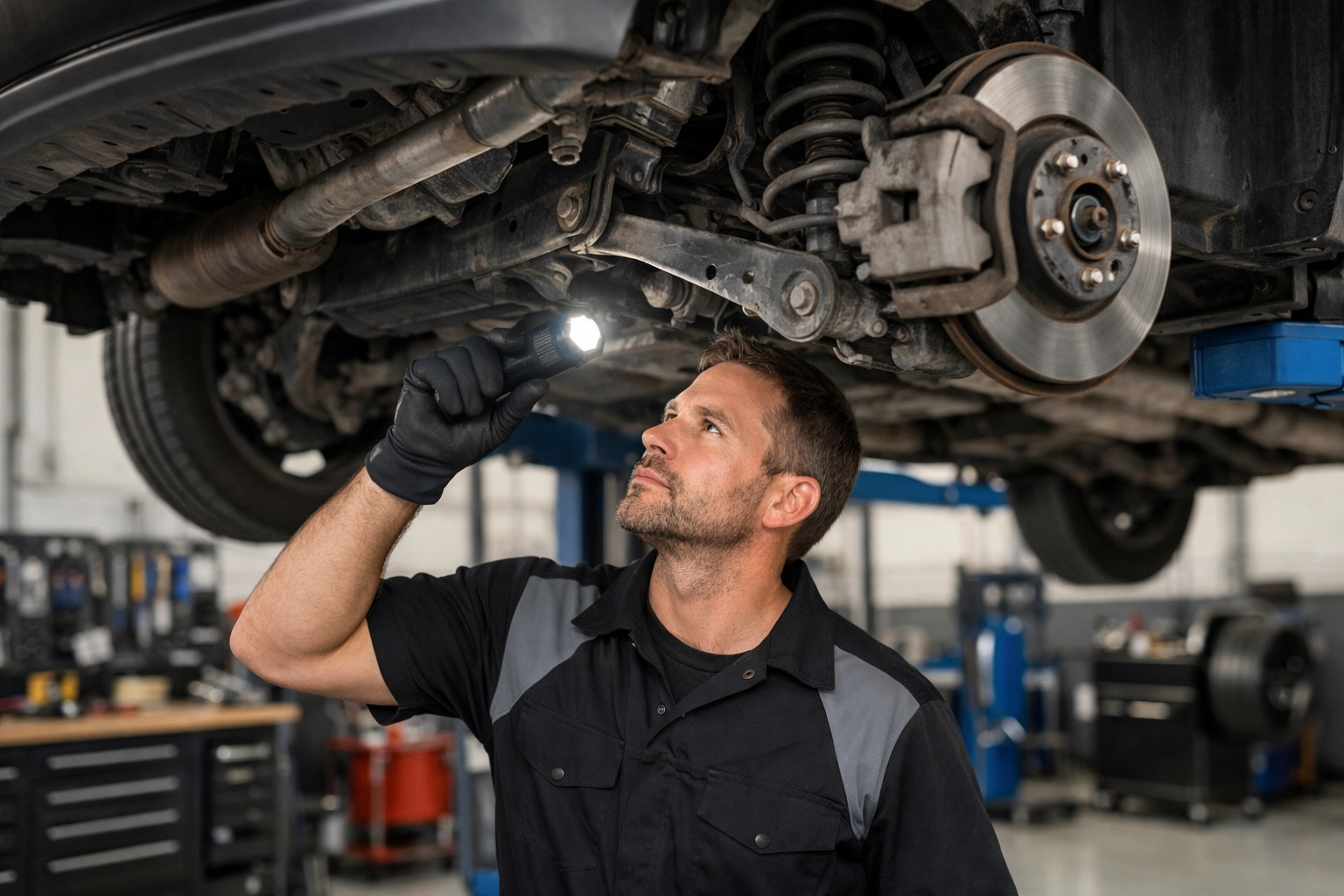 Mechanic inspecting undercarriage and suspension on a lift