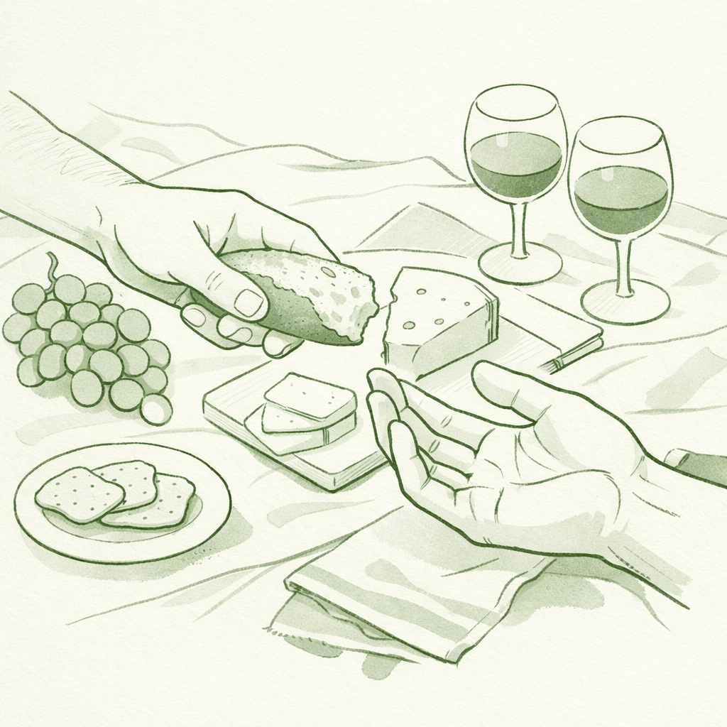 Gay couple's hands sharing bread and cheese during intimate outdoor picnic