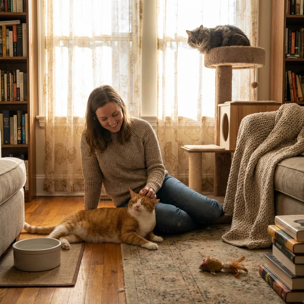 Cat sitter bonding with two relaxed cats during an Oakland in-home visit, showing trust and personalized cat sitting care.