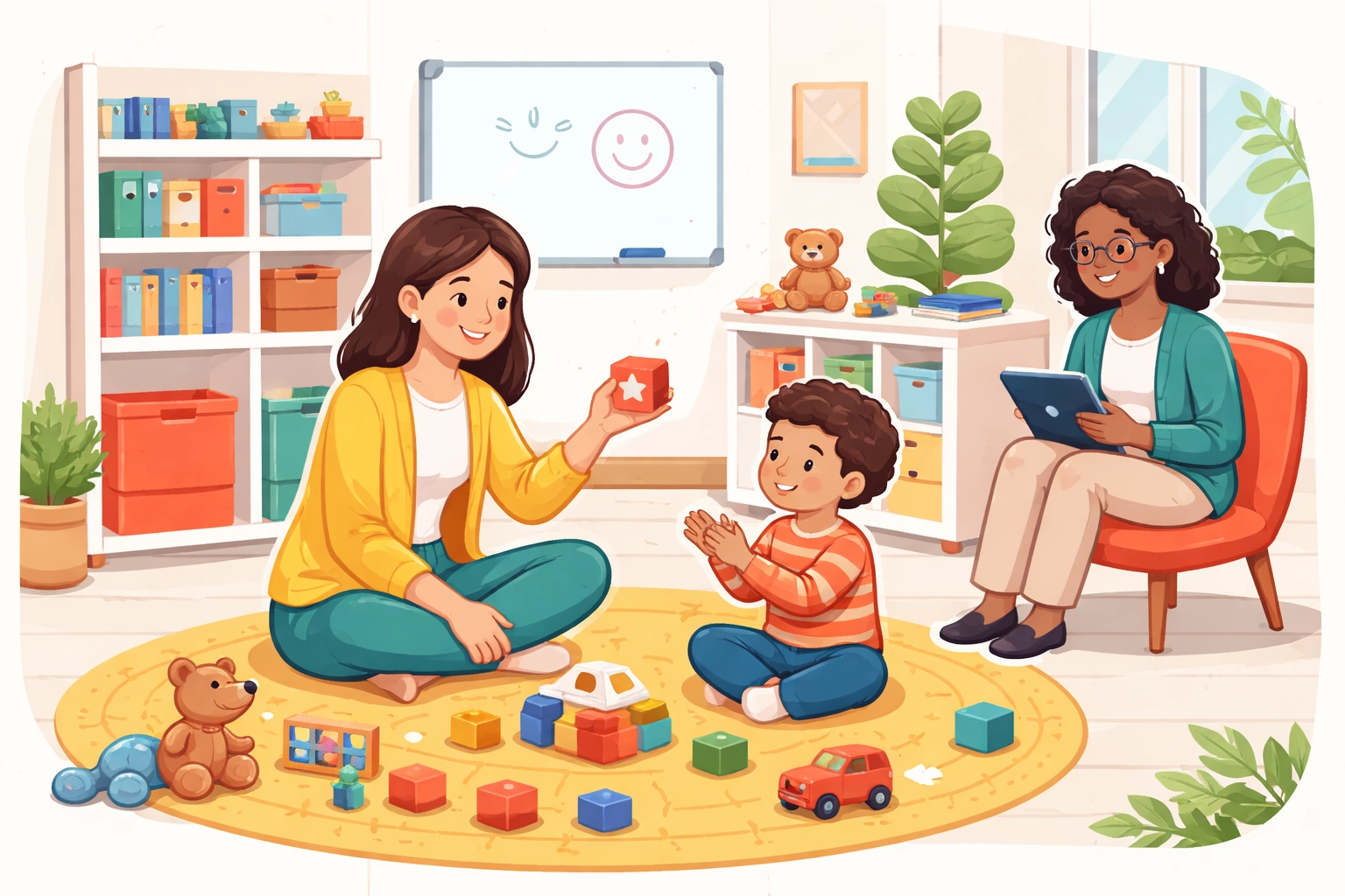 Therapist and child engaged in ABA therapy while BCBA observes and takes notes in a supportive setting.