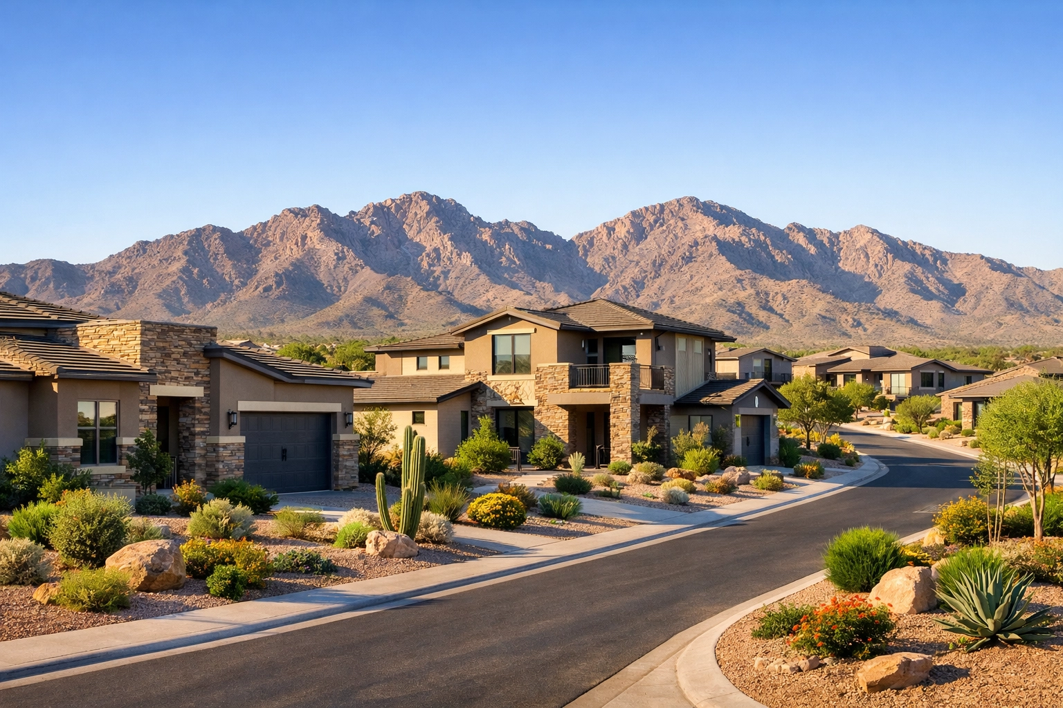 Modern residential community in Buckeye AZ with desert landscaping and White Tank Mountain views.