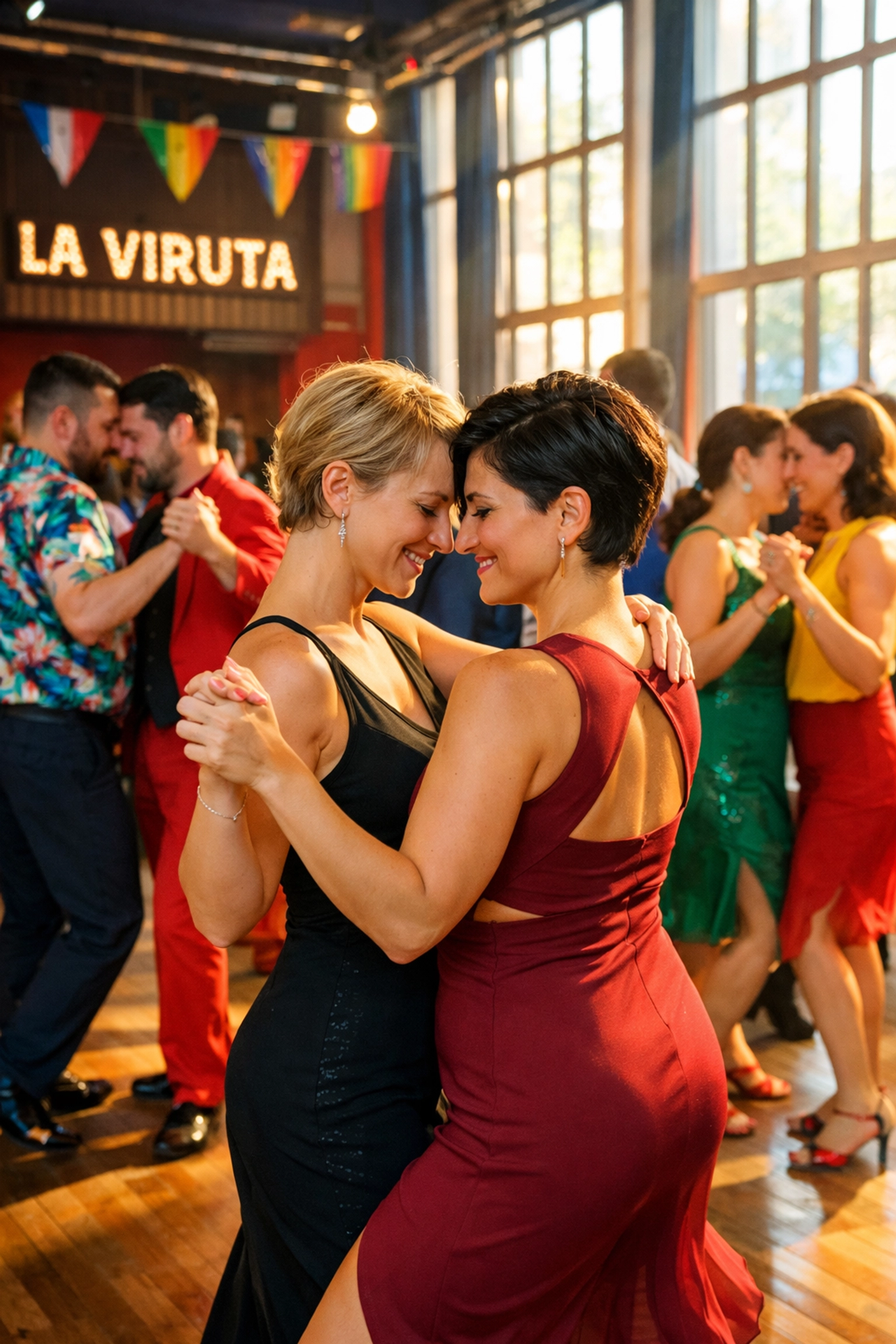 LGBTQ+ dancers at La Viruta milonga during queer tango Sunday afternoon in Buenos Aires