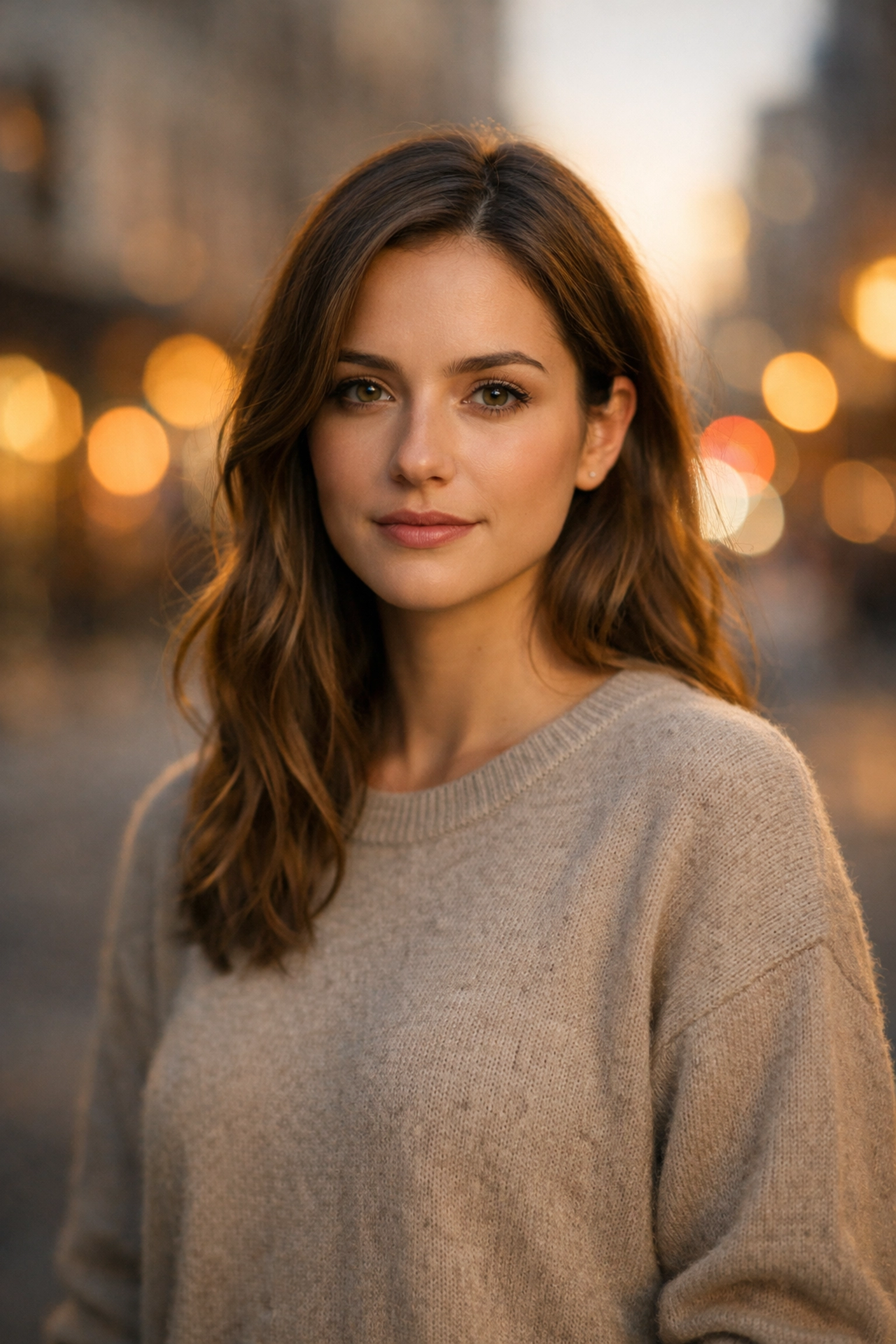Professional portrait photography technique showing a clean, blurred urban background behind a sharp subject.