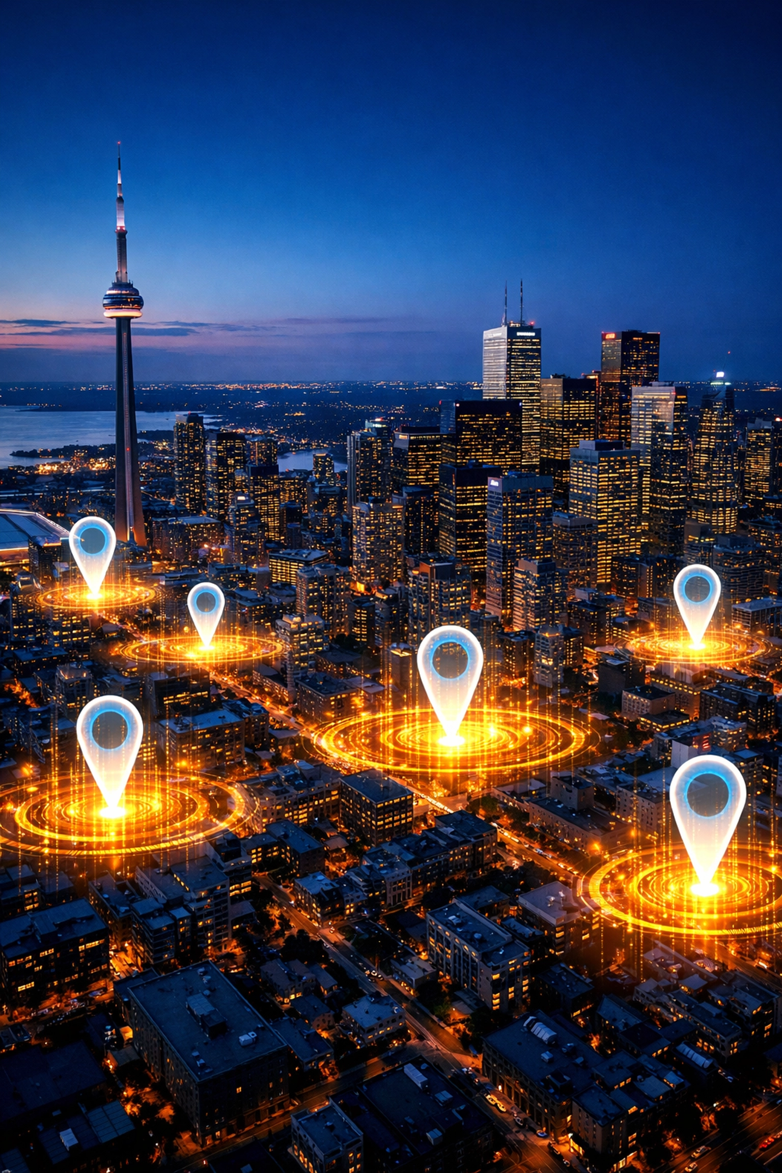 Toronto skyline with digital map markers showing Local SEO Toronto strategy for small business.