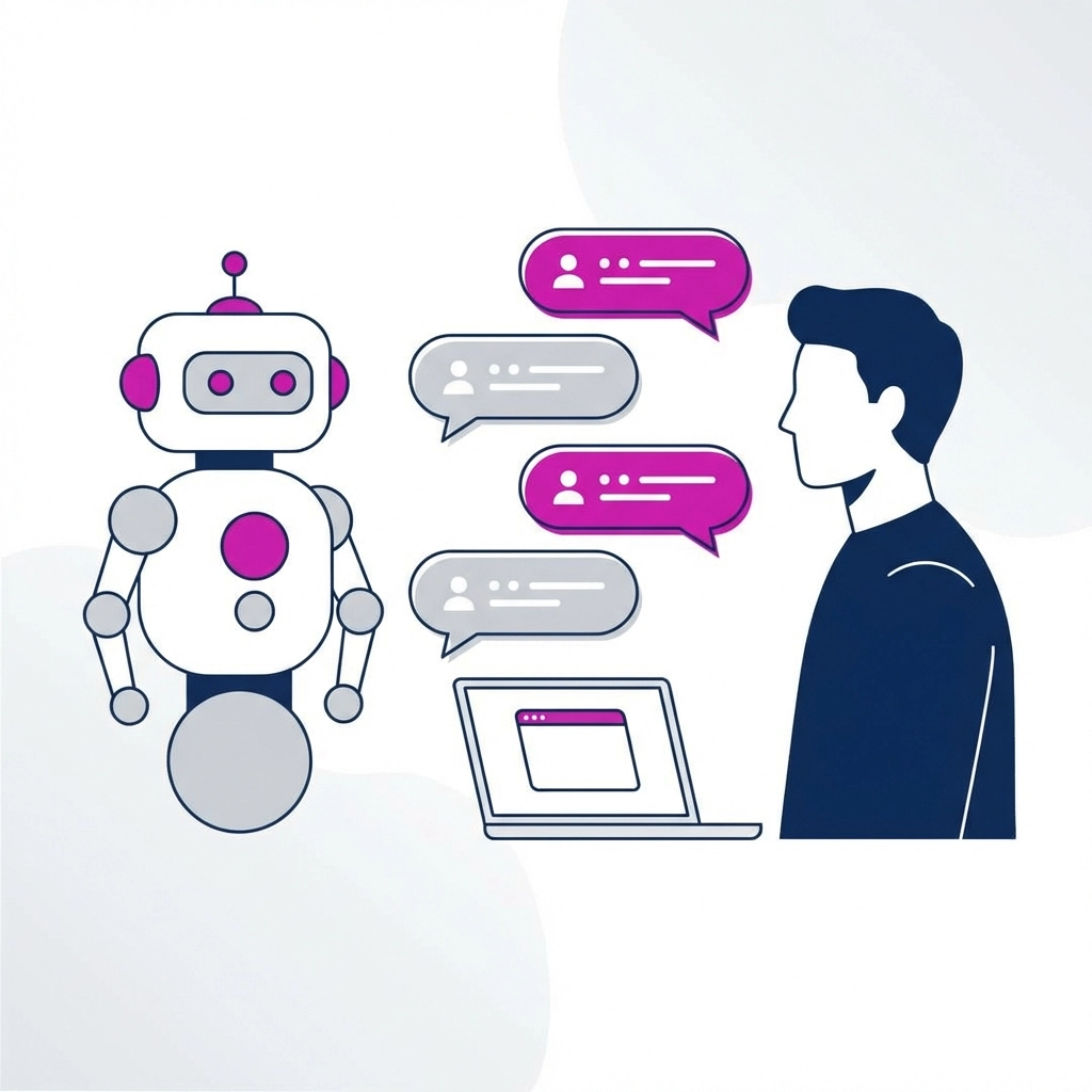 Robot assistant and human chatting, representing conversational AI improving website accessibility