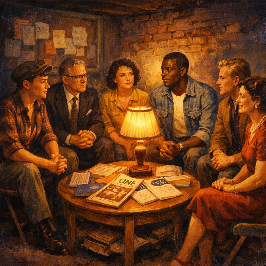 Early LGBTQ+ activists meeting in 1950s basement during Lavender Scare era