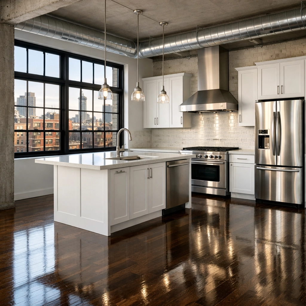 Clean industrial loft kitchen in Detroit after professional move-in cleaning service.