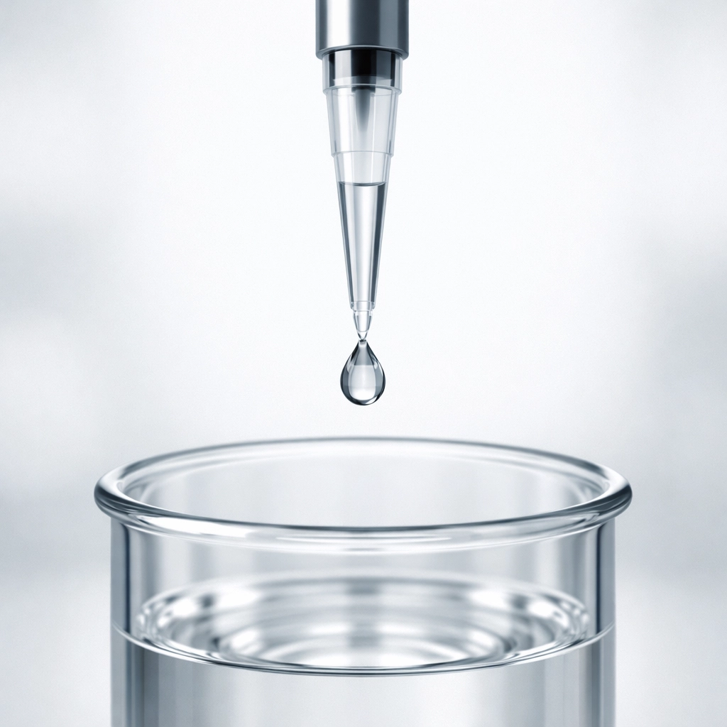 Close-up of a pipette and clear droplet for precise peptide bioregulator reconstitution and research.