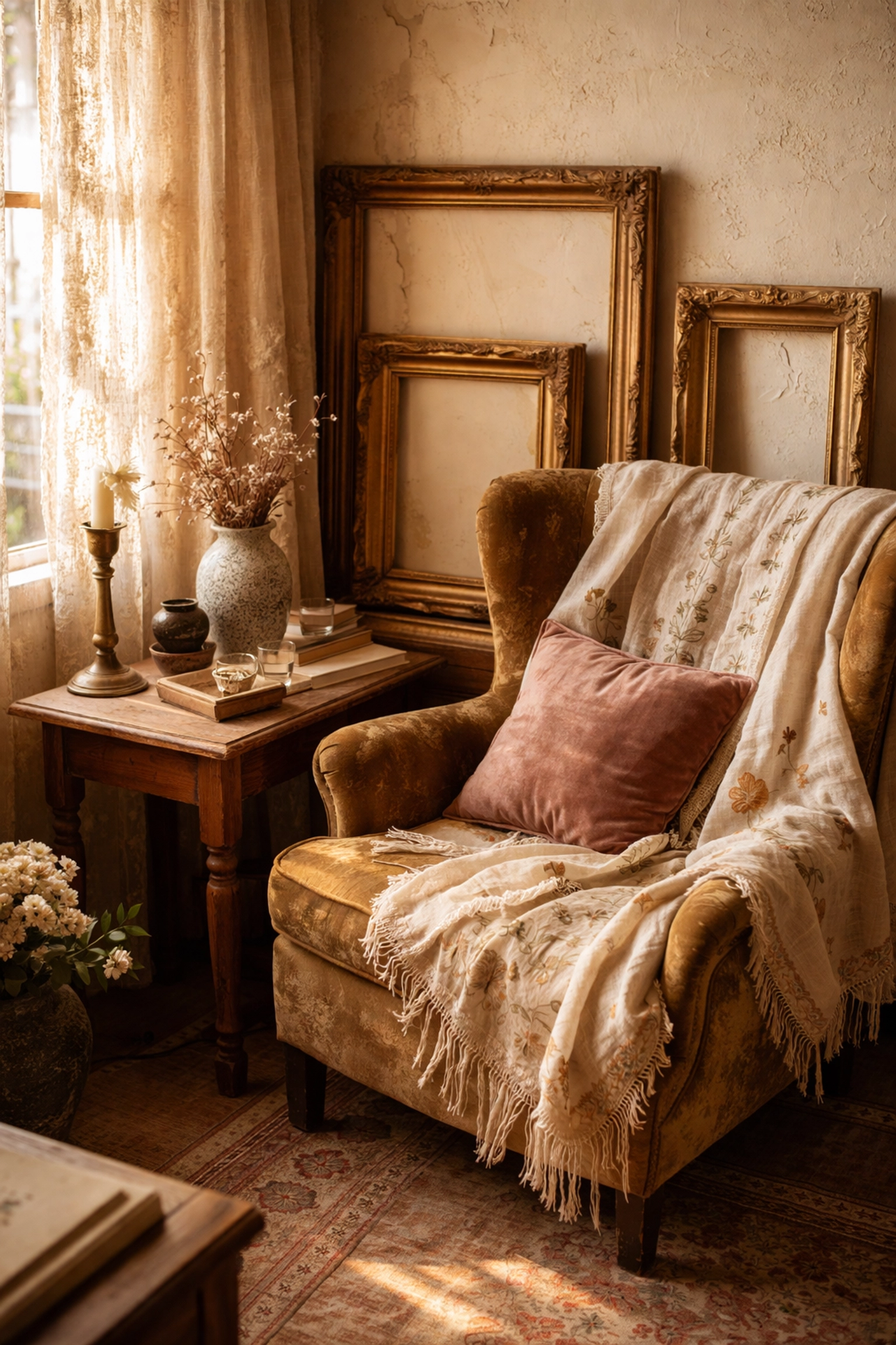 Cozy vintage living room with an embroidered linen throw, ornate frames, and antique ceramics, capturing grandmacore charm.
