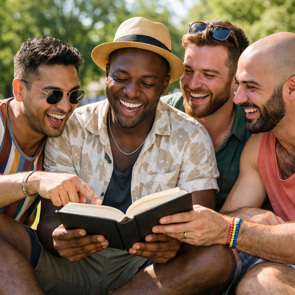 Friends in a gay book club sharing romantic gay novels and enjoying community in a park.