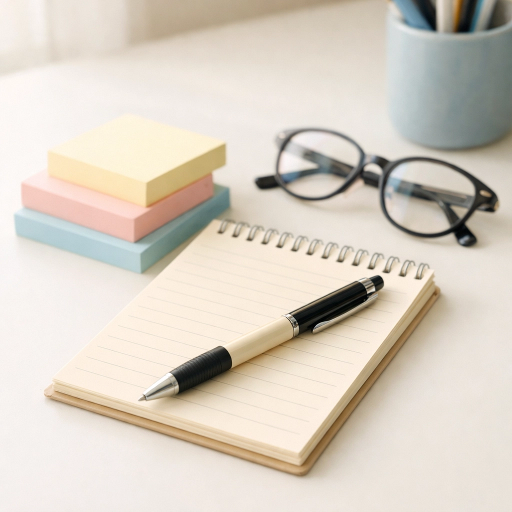 Notitiemateriaal en schoolbenodigdheden voor georganiseerde gespreksvoorbereiding