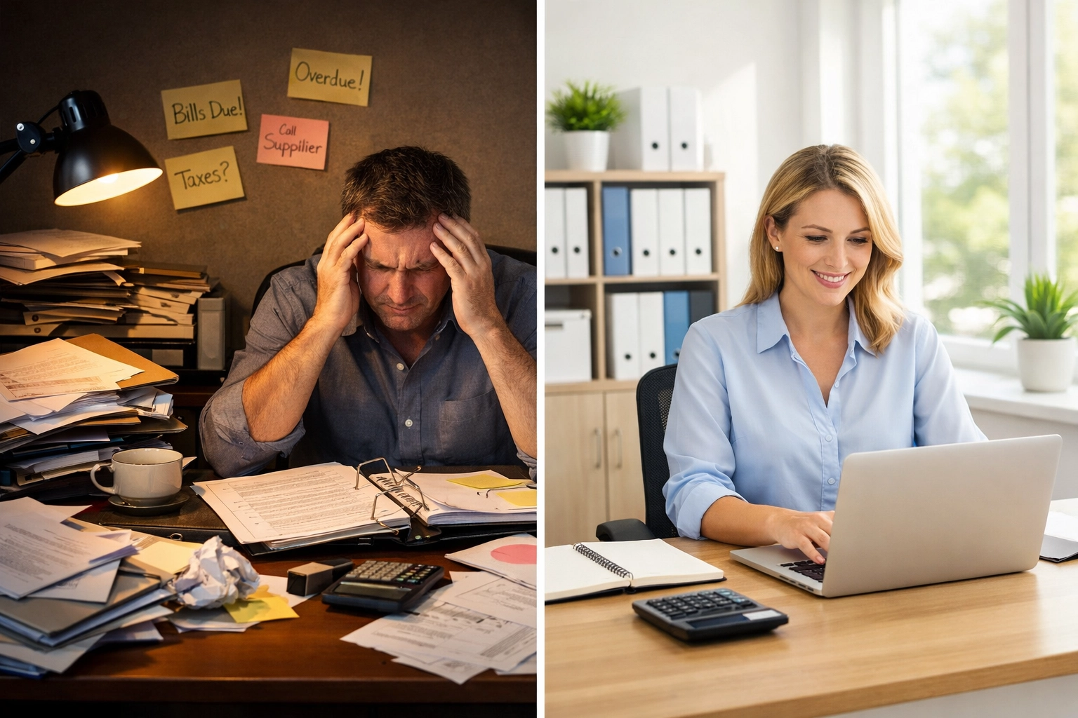 Comparison of disorganized DIY bookkeeping versus professional organized financial management