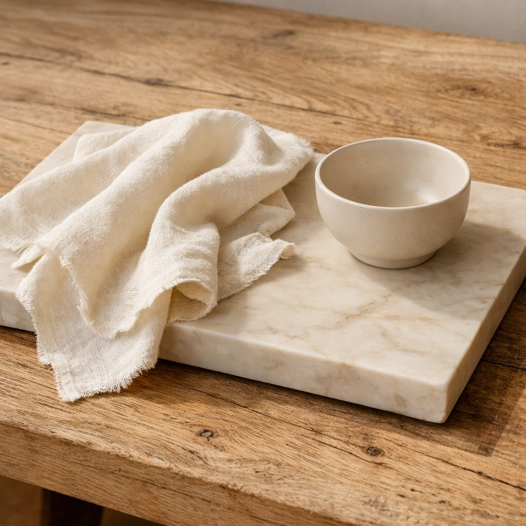 Elegant honed marble tray on a natural wood surface with soft linens, embodying a sophisticated minimalist aesthetic.