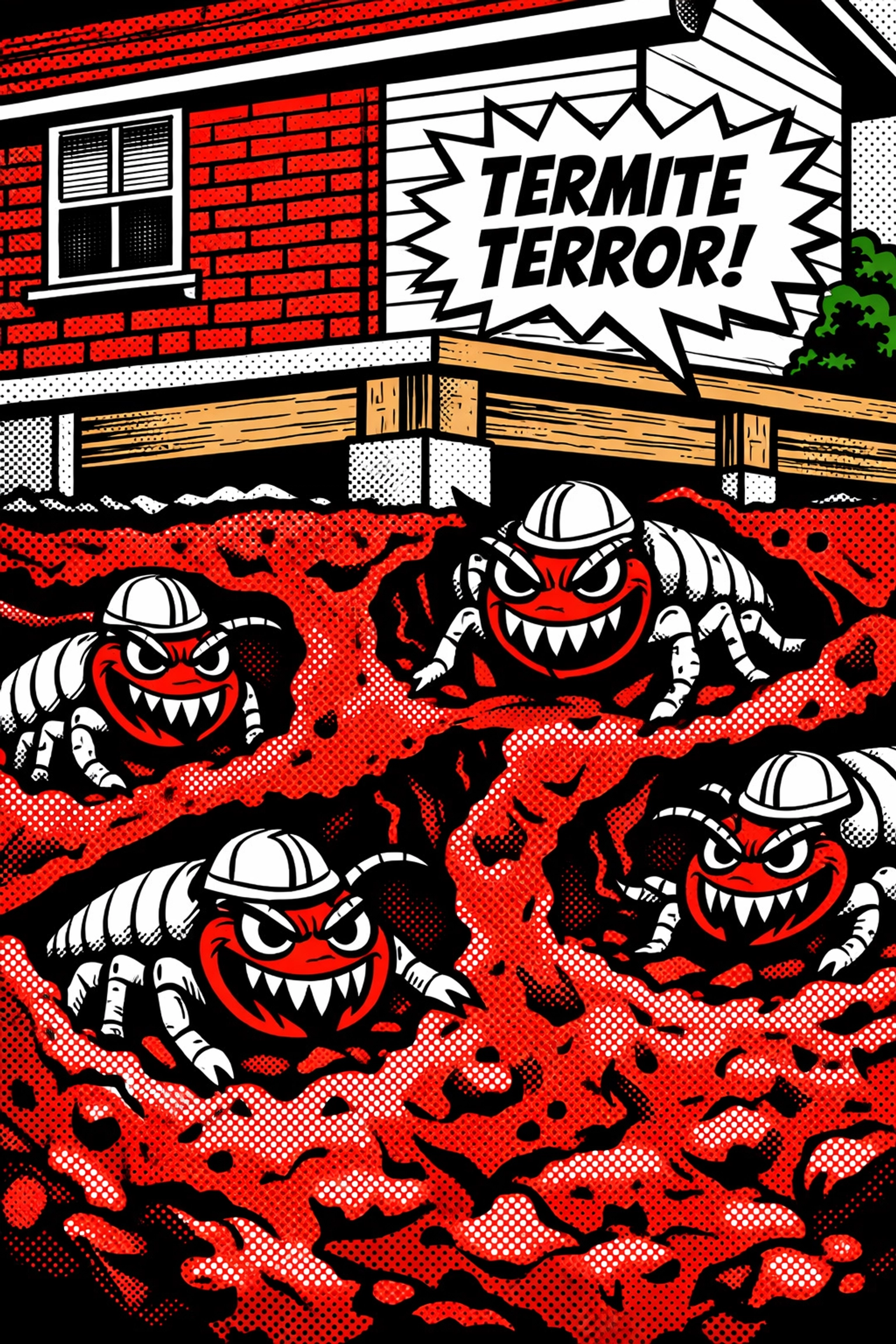 Subterranean termites tunneling through Alabama red clay soil toward a home foundation