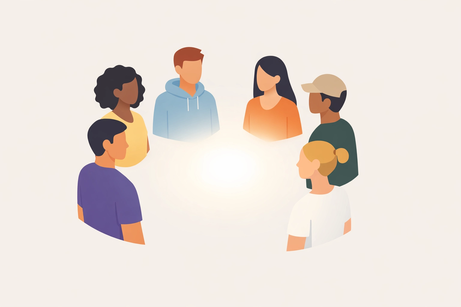 Minimalist vector illustration: diverse young adults in a circle with light at center, transparency and community. Layne McDonald www.laynemcdonald.com