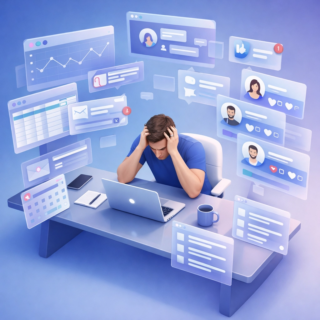 Solo marketer overwhelmed by multiple browser tabs and influencer marketing spreadsheets