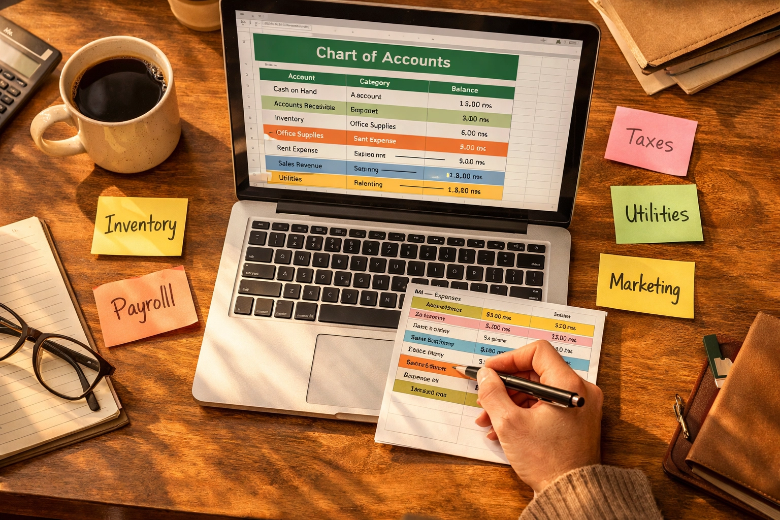 Business owner reviewing and organizing chart of accounts on laptop with notes