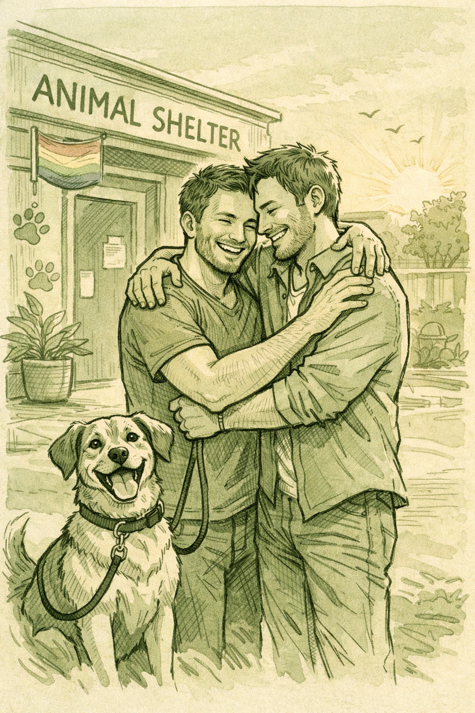 Two men celebrating successful dog adoption at LGBTQ+ shelter