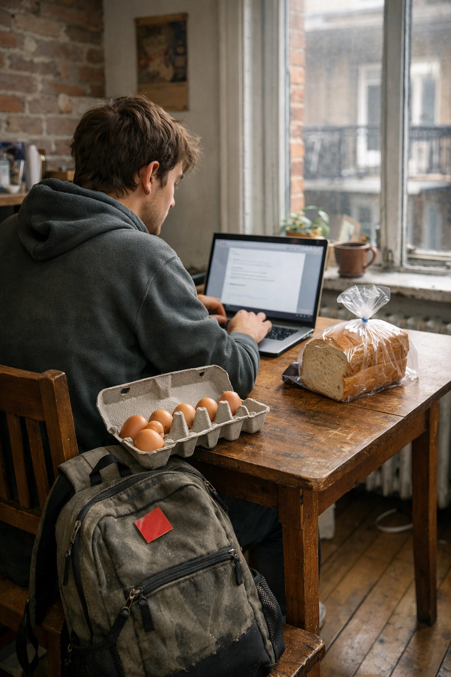 Montreal student at home facing high cost of living next to a backpack with a red square protest symbol.