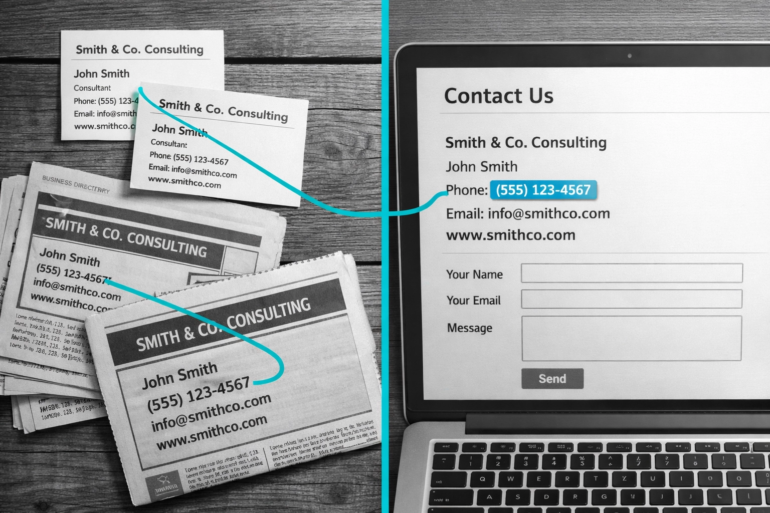 Business cards and website showing consistent NAP information for local SEO