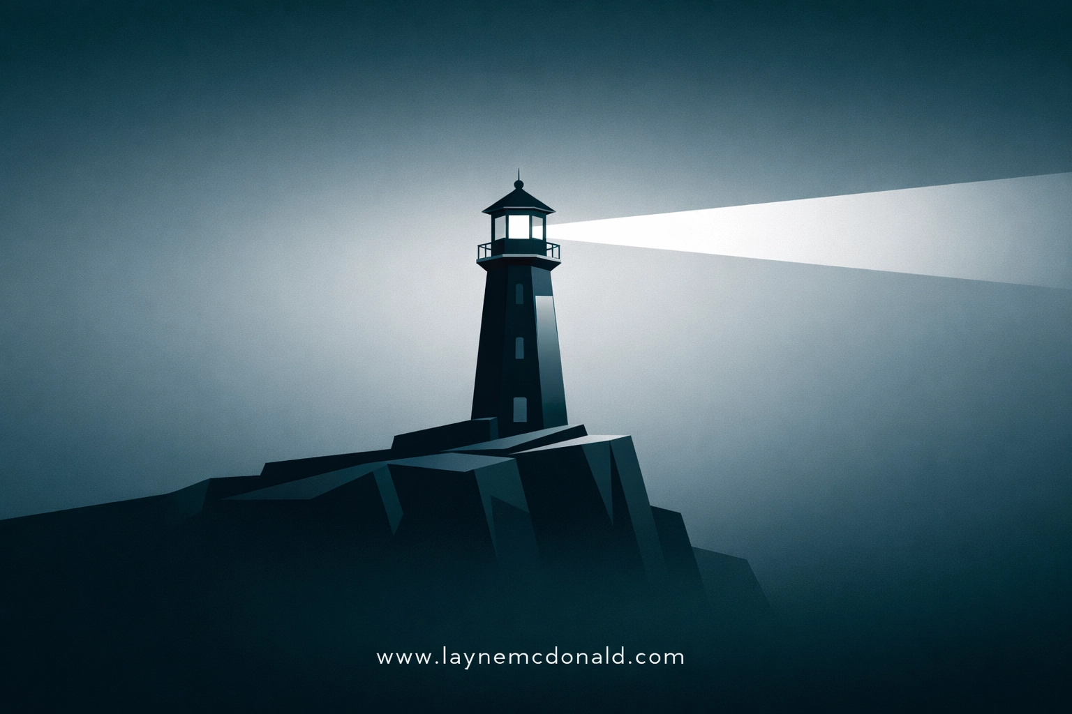 A lighthouse beam cutting through mist, symbolizing clear communication and leadership transparency in the church.