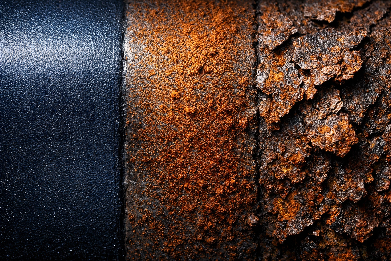 Visual stages of automotive metal corrosion showing surface rust progressing to heavy structural scale rust.