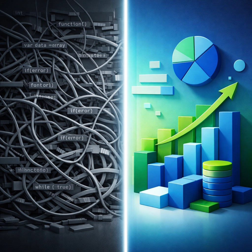 Visual contrast between complex code and simplified business outcomes in agentic AI development