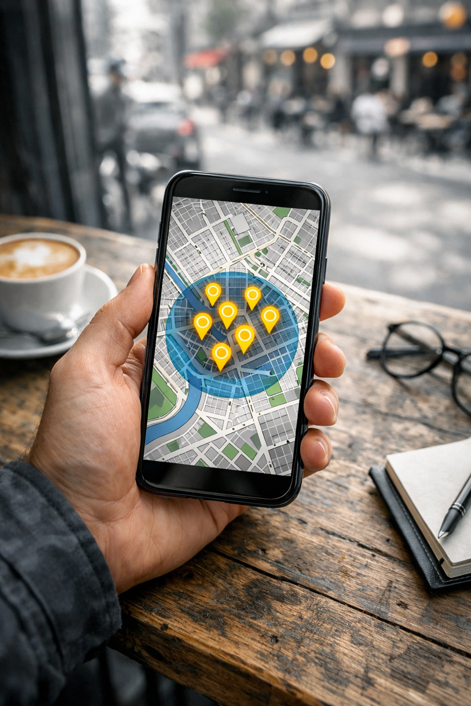 Smartphone map showing local personal trainer business pins within a five-mile radius.