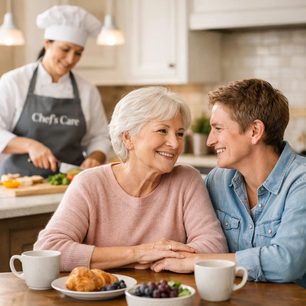 Family sharing a moment while a Culinary Associate provides in-home nutrition support during recovery in Northbrook.