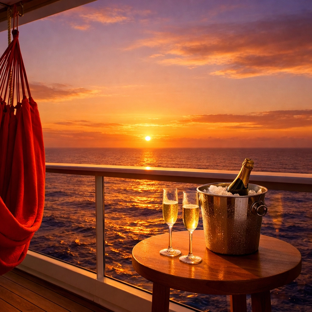 Private Sea Terrace balcony with a red hammock and champagne overlooking a sunset ocean view.