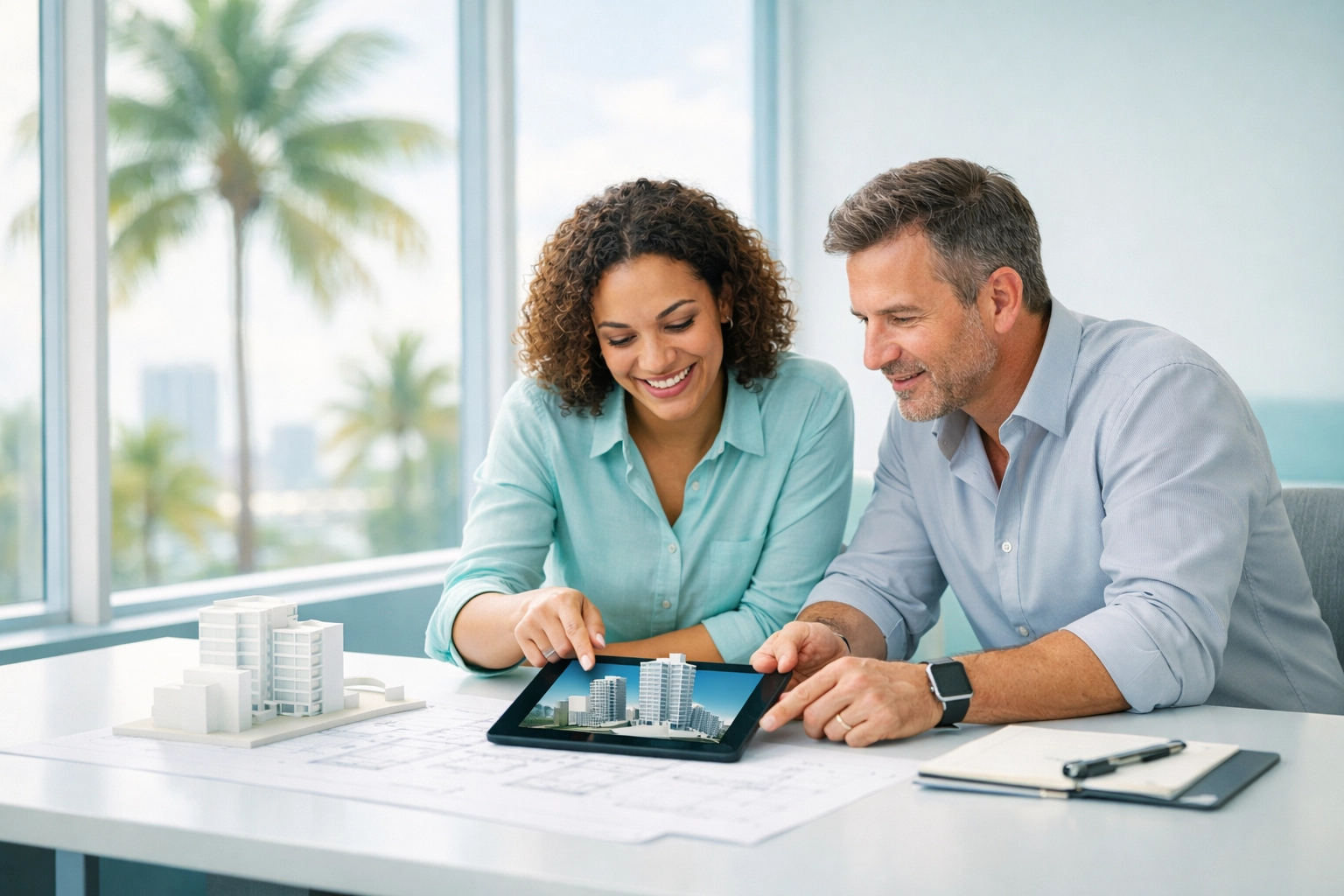 A design build contractor team collaborating on a project model in a South Florida office.