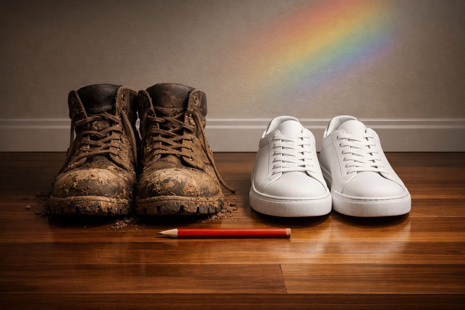 Work boots and sneakers together, symbolizing the merging of two lives in a gay construction romance.