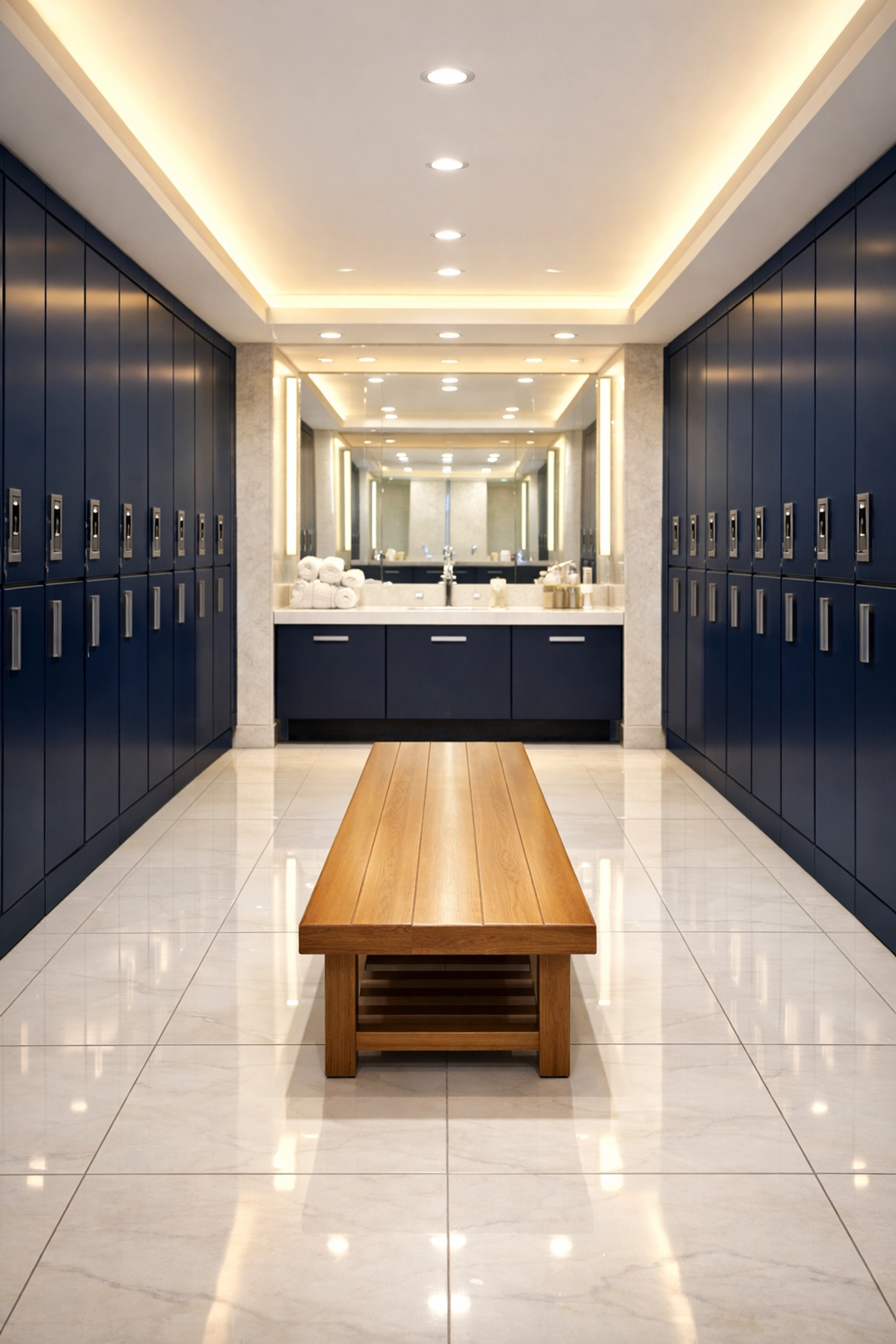 Hygienic health club locker room in Malden featuring polished floors and clean navy blue lockers.