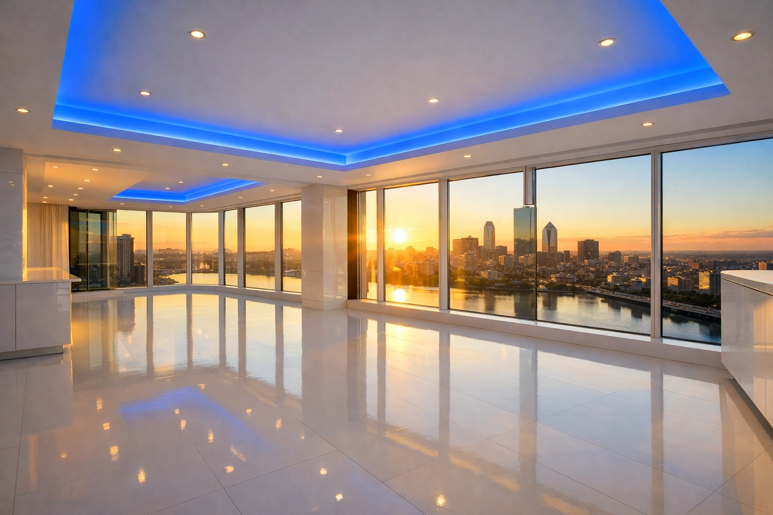 Spotless luxury penthouse living room in Boston showcasing expert move-out cleaning results.
