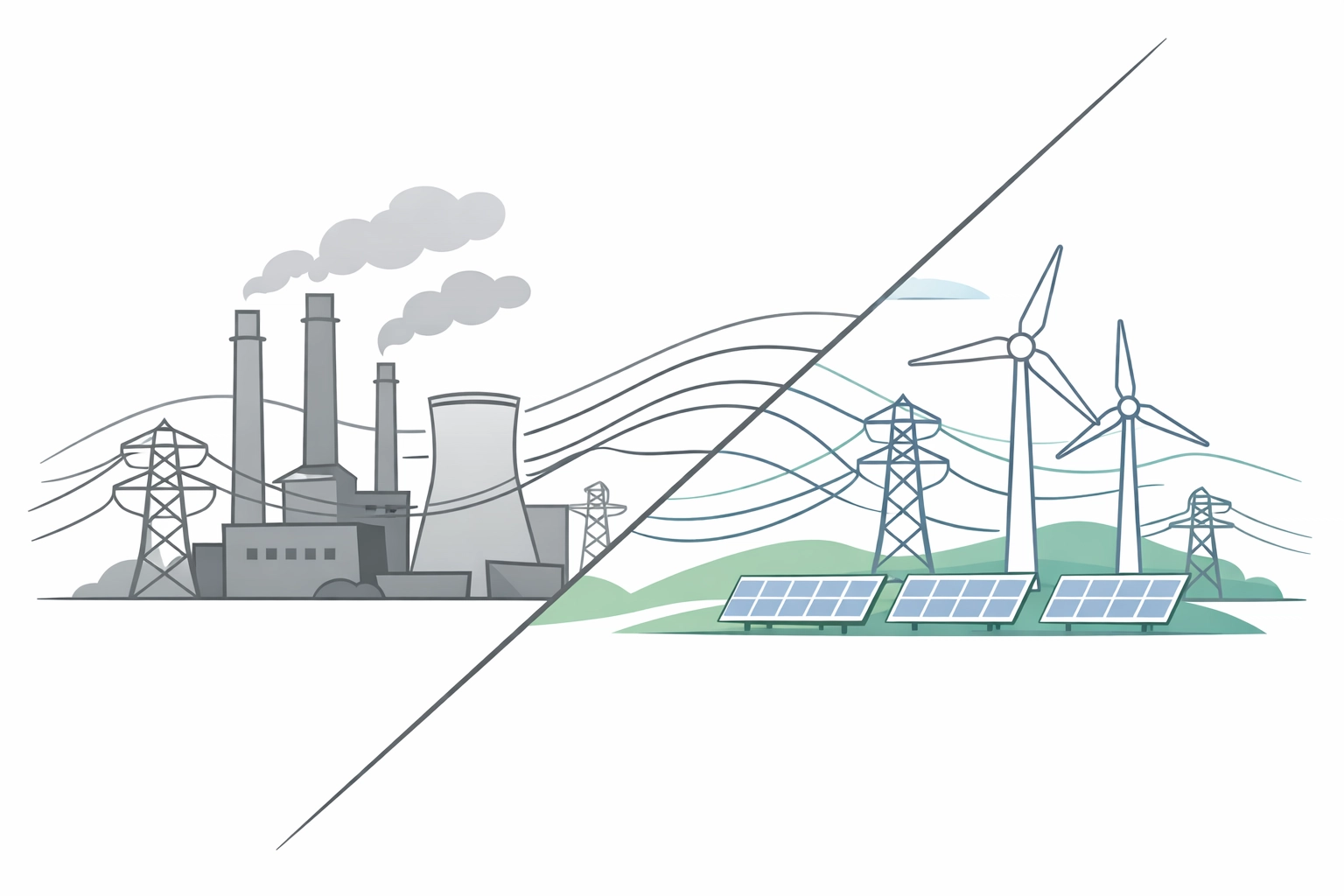 Energy transition from traditional power plants to renewable wind and solar infrastructure