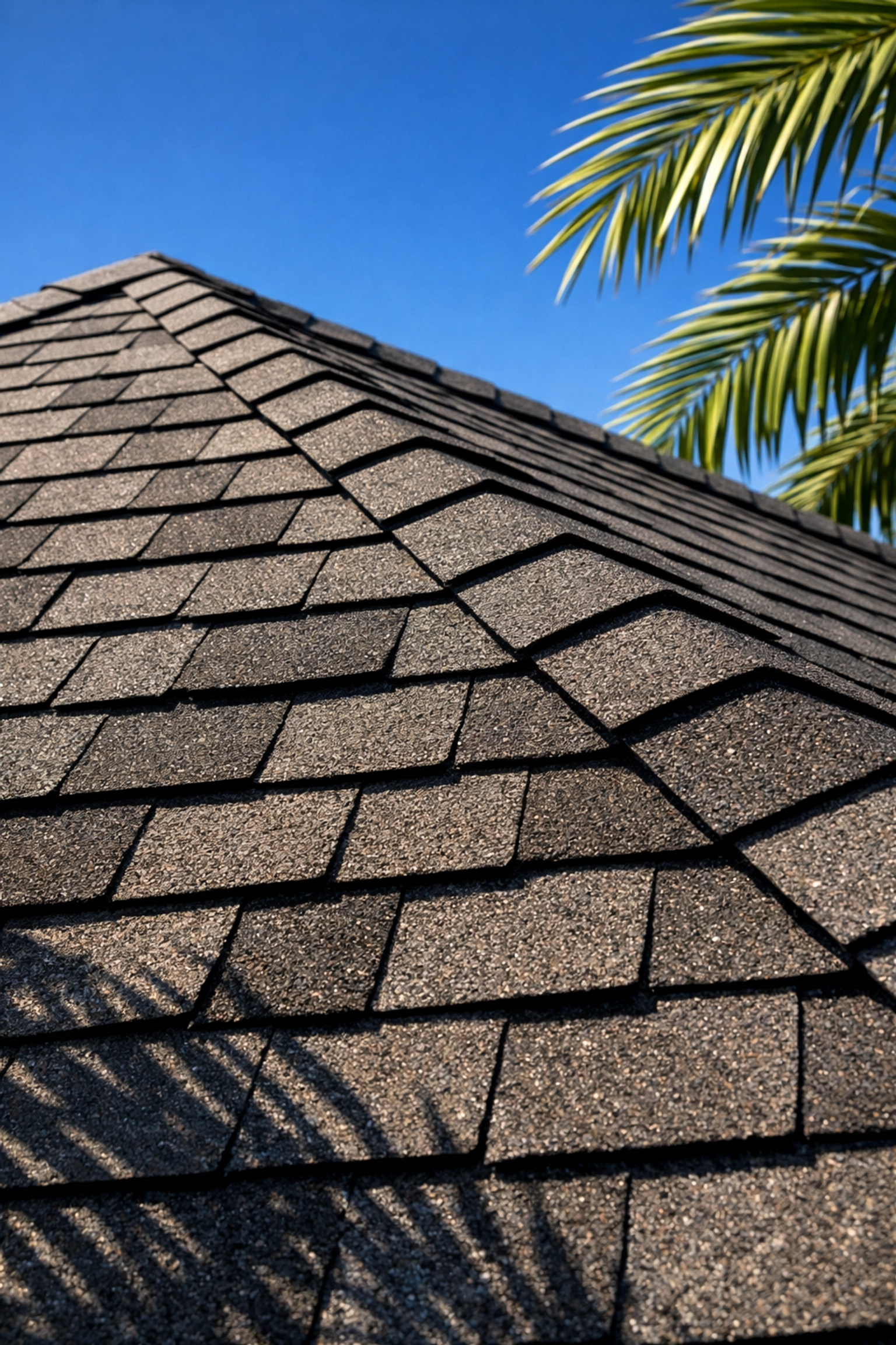 Close-up of asphalt shingles on a Florida home roof under bright sunlight