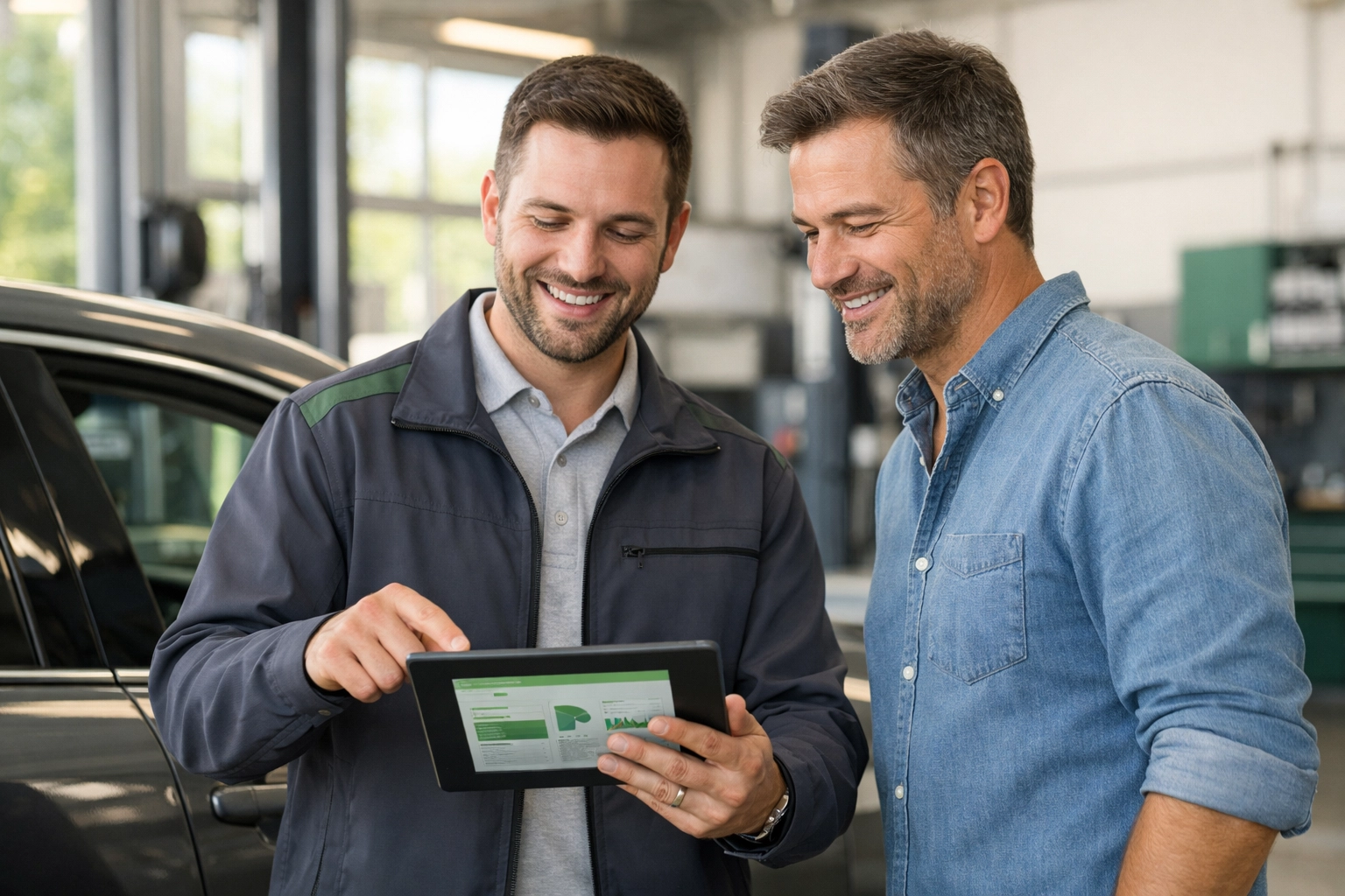 A service advisor and car owner review maintenance needs together at a Niagara Falls auto repair clinic.