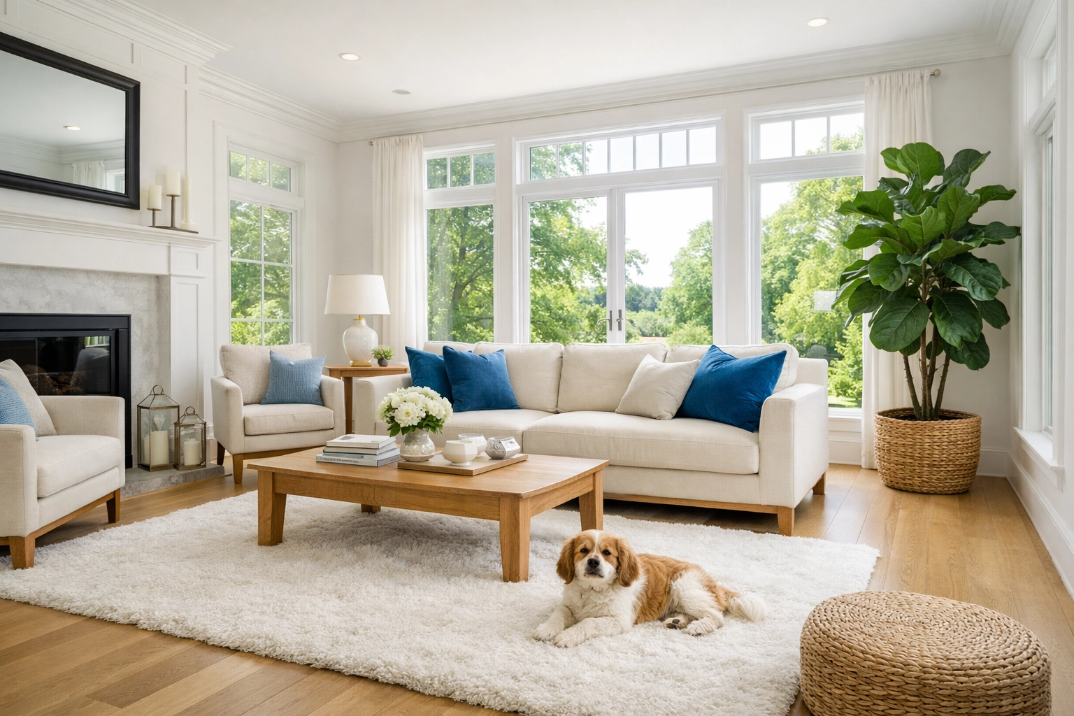 Eco-friendly deep-cleaning-winchester in a bright, healthy living room with a white rug and hardwood floors.