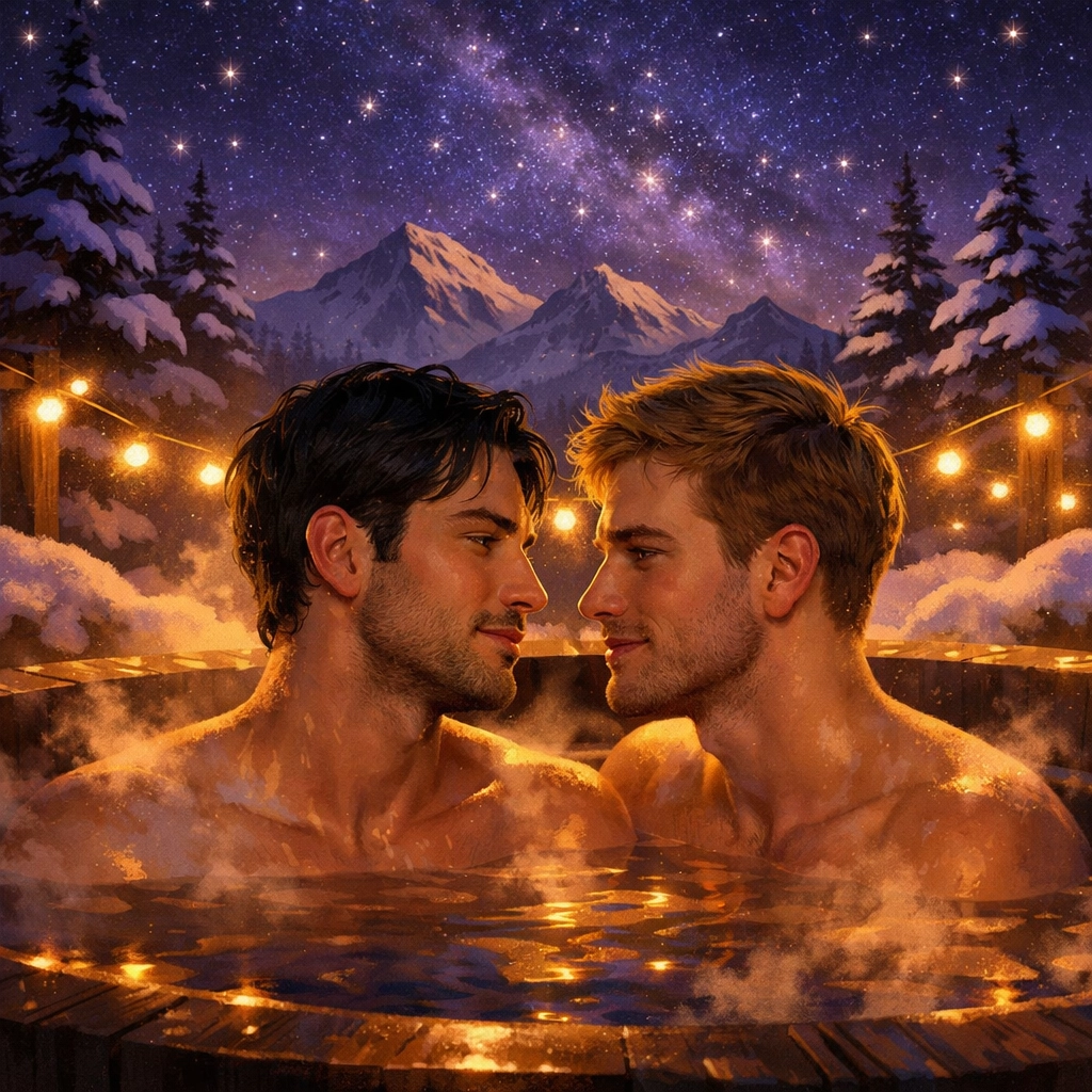 Two men in hot tub at night in Swiss Alps - spicy gay romance luxury resort