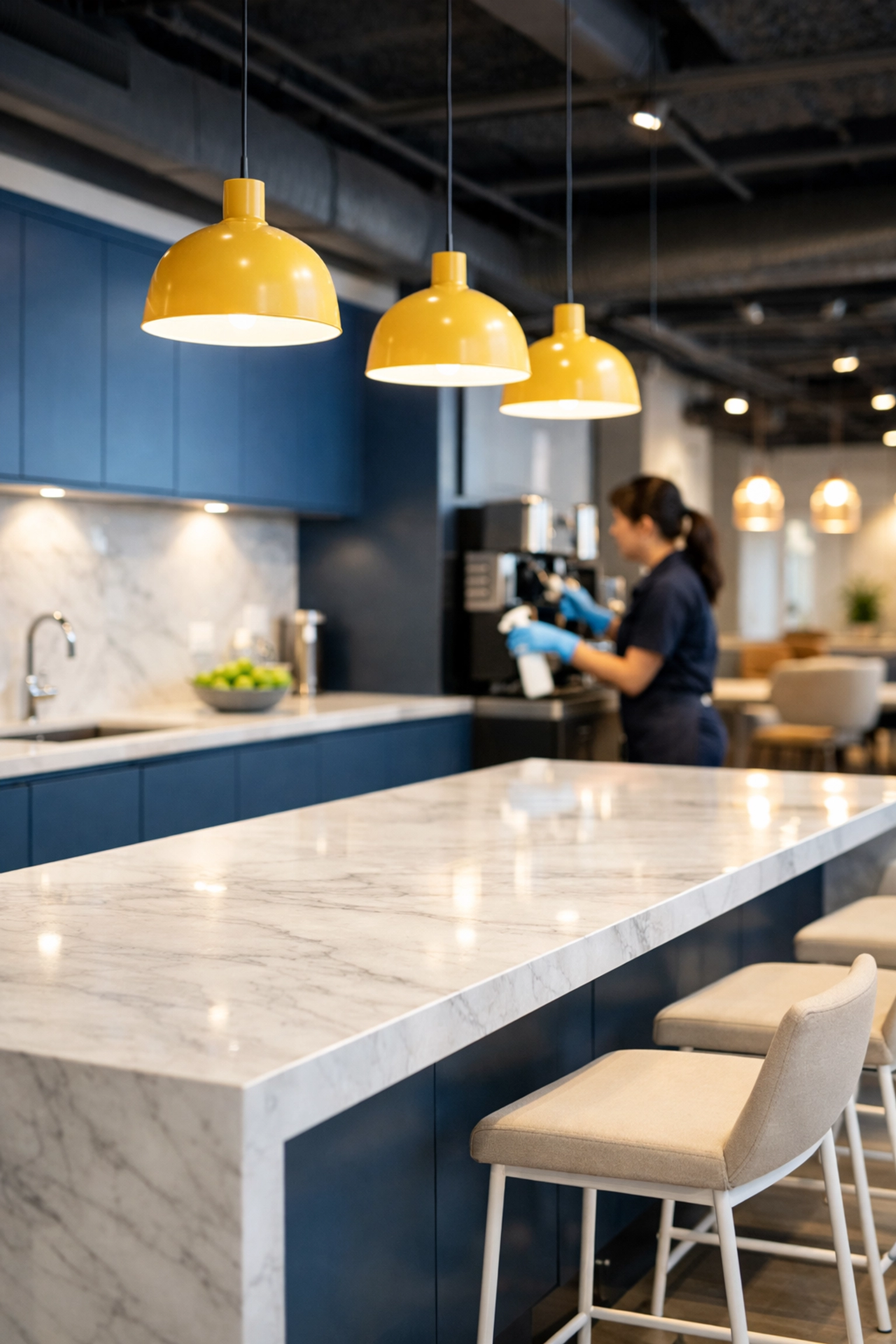 Meticulous commercial cleaning Boston expert sanitizing a modern office breakroom and communal space.