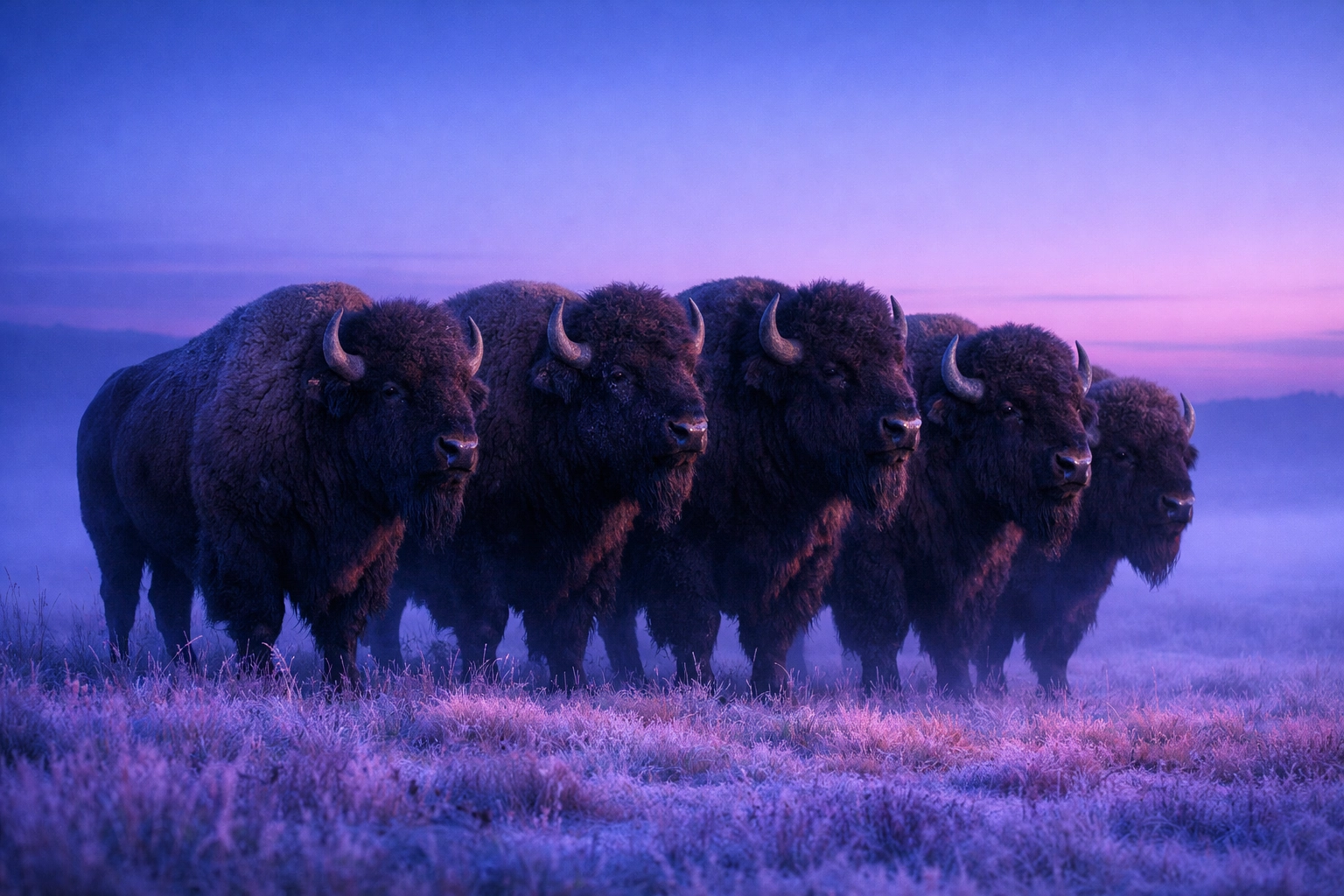 Five male bison standing together at dawn, illustrating a found family bachelor group bond.