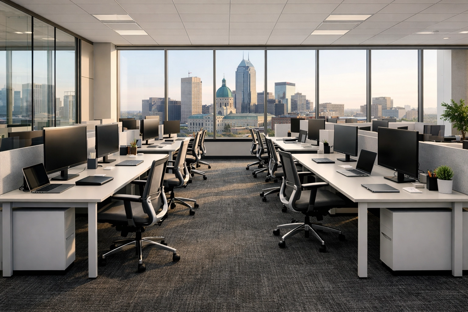 A modern open-plan office in Indianapolis with clean desks and vacuumed commercial carpets for a productive workspace.