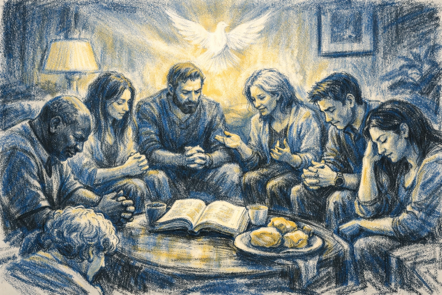 Illustration of diverse community connecting in a small group setting (Acts 2 fellowship vibe, no church building)
