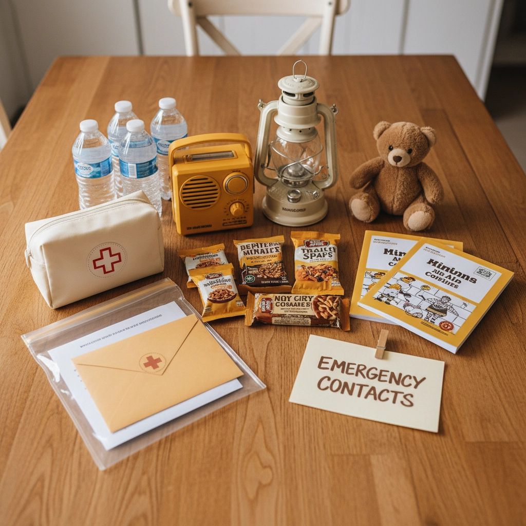 A picture of basic go-bag materials: some bottled water, two books  and a teddy bear, an emergency radio, a lantern, some snacks, a first aid kit, an emergency contacts list, and a plastic baggie with important documents. The Climate Crisis: Why Single Mothers Are More Vulnerable