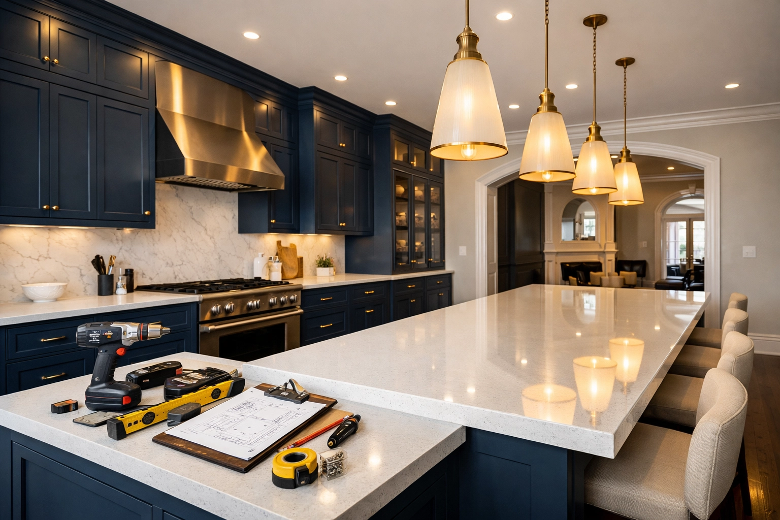 Clean and polished Boston kitchen remodel with blue cabinets after post-construction cleaning.