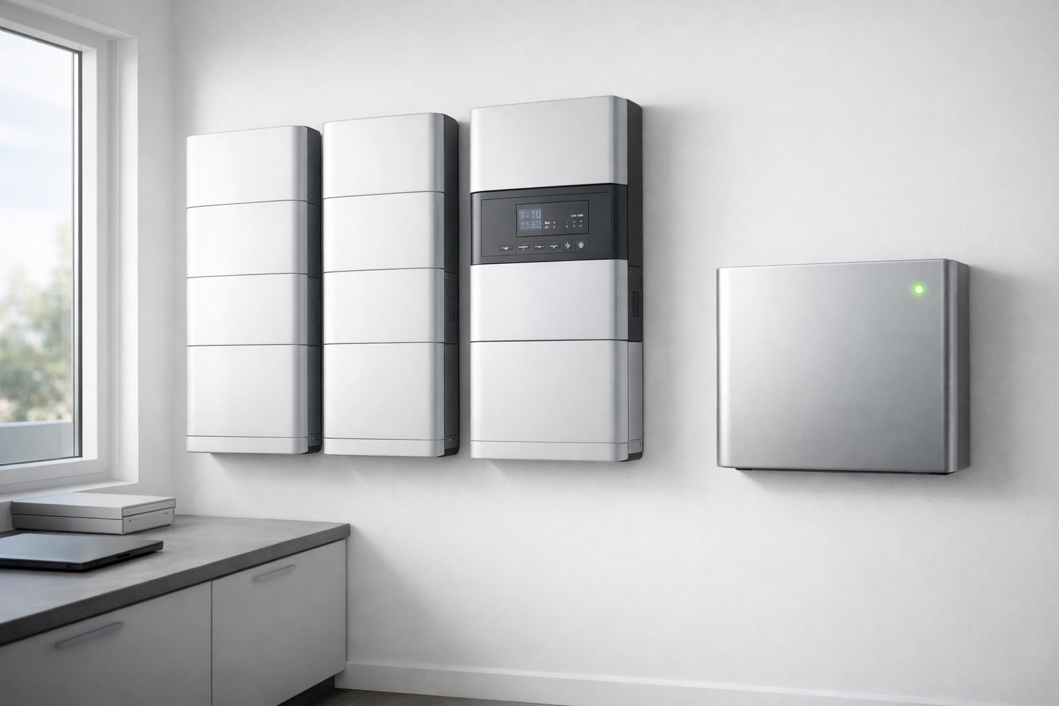 Interior view of sleek wall-mounted commercial battery storage units for solar energy backup.