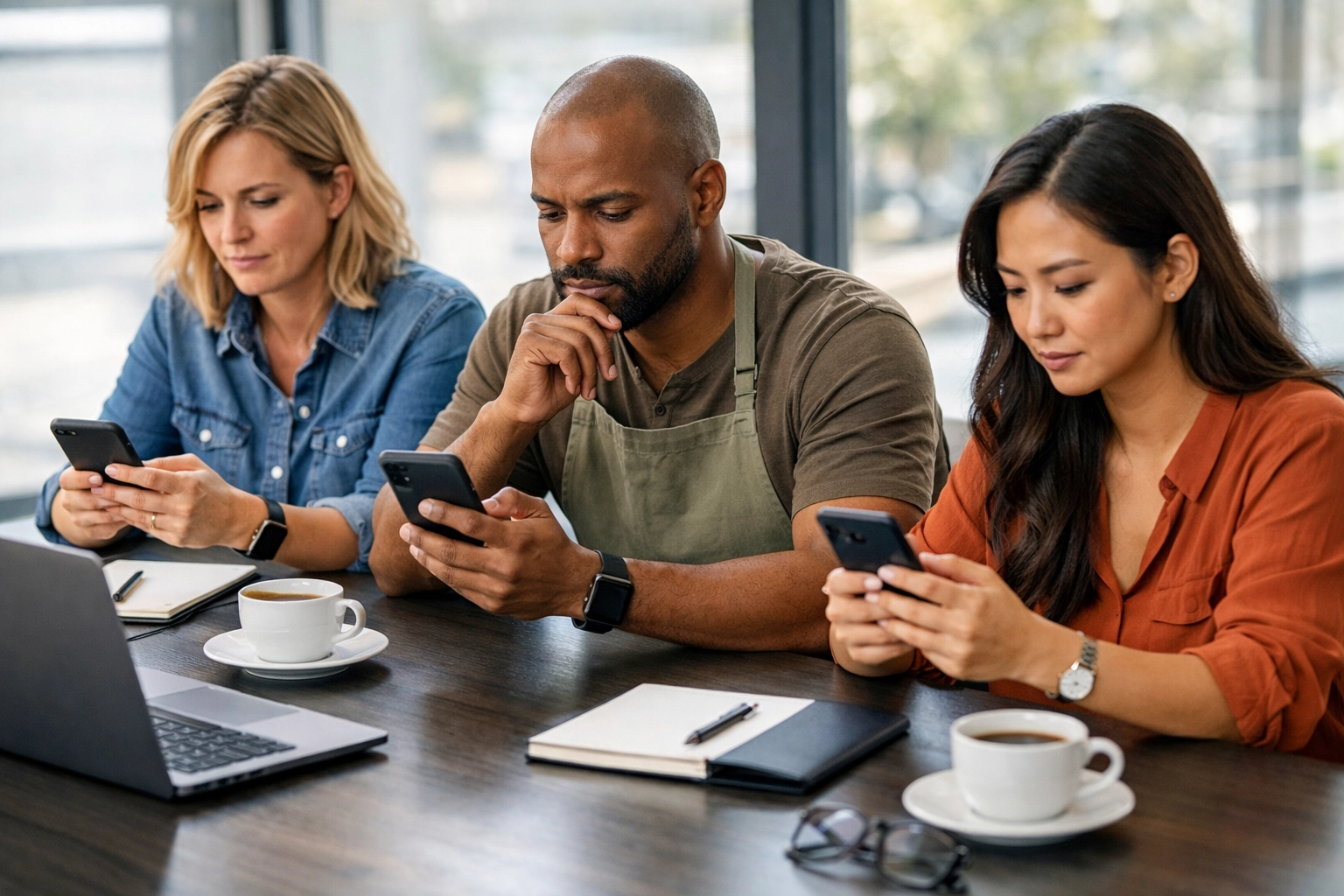 Small business owners researching online reviews on smartphones before making business decision