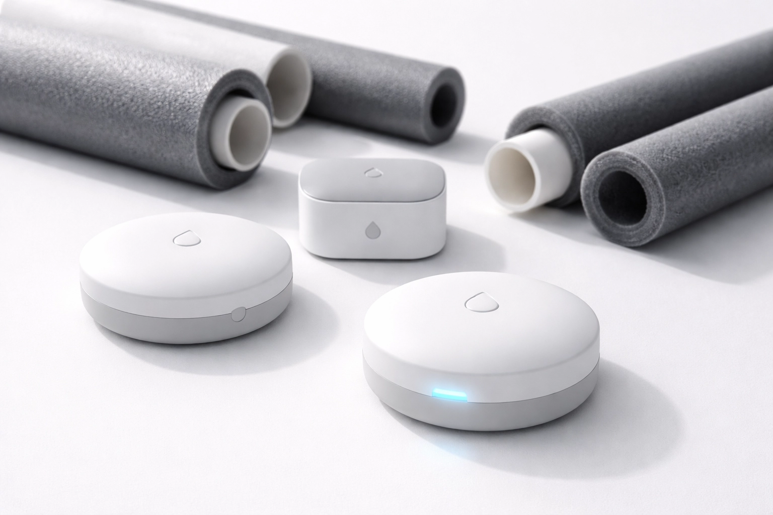 Smart water leak sensors and pipe insulation on white background, highlighting modern technology for burst pipe prevention.